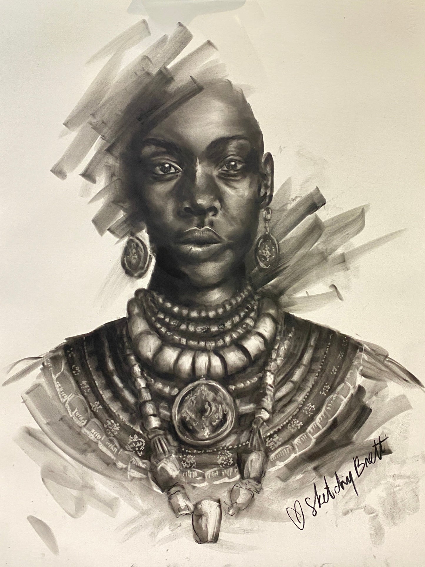 Artistic depiction of a person's head with intricate designs on a white background