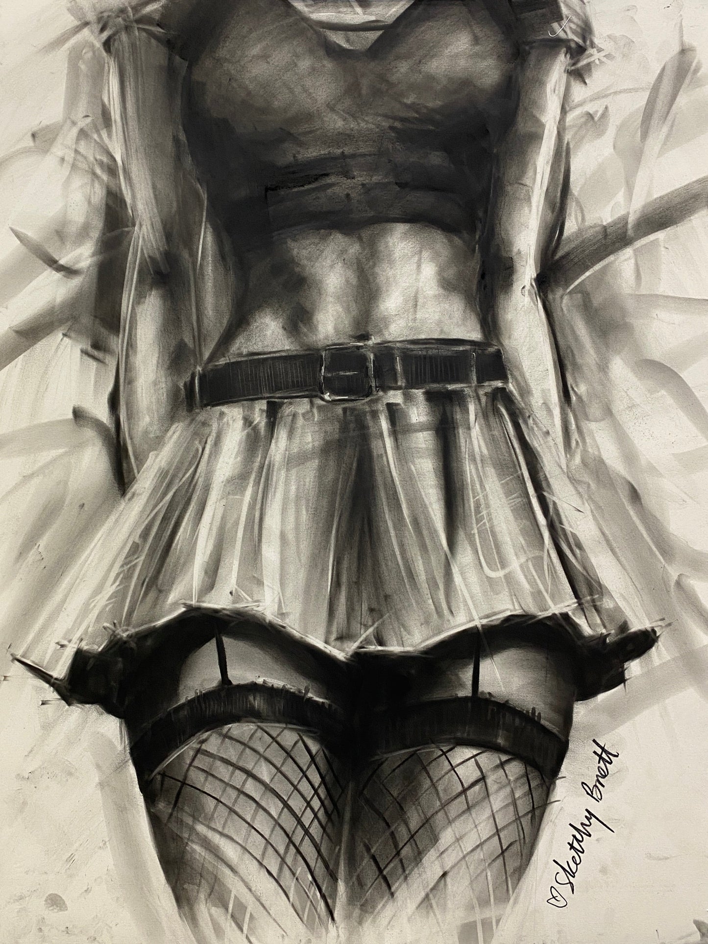 Black and white drawing of a dress on a woman with a signature at the bottom right corner.