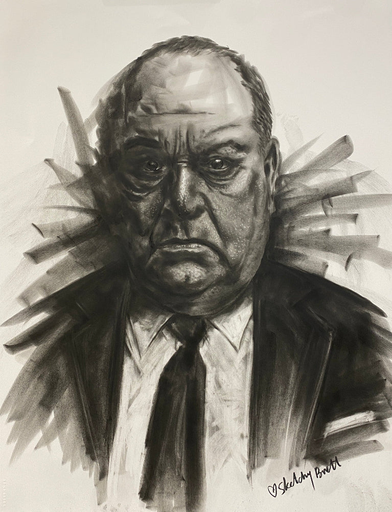 Charcoal drawing of a mob Don on a white sheet of paper.