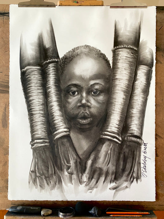 Artistic depiction of a child's face with large, wrapped hands on a wooden easel.