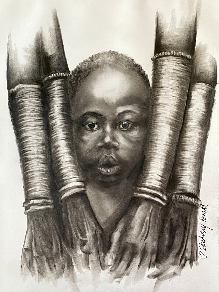Artistic depiction of a child's face with large, wrapped hands on a wooden easel.