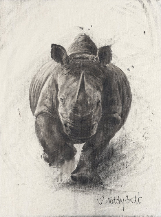 Original Sketchy Brett artwork of a rhinoceros on a textured white background
